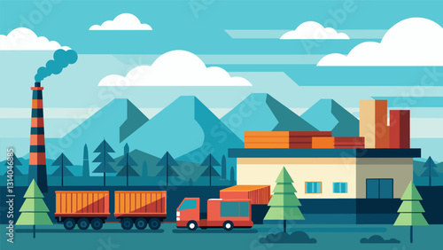 Despite the bustling activity the loading facility is surrounded by a serene and untouched landscape a striking contrast to the industrial setting.. Vector illustration