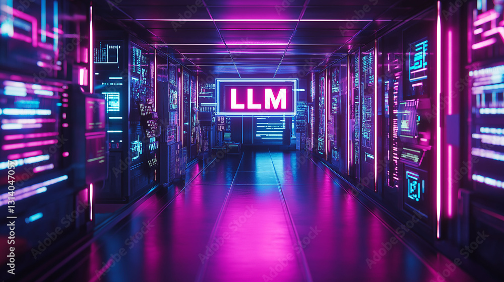 LLM. Large Language Model. Machine learning. AI training. Deep learning. AI lab showcasing floating text in neon light style. LLM. Large Language Model. Machine learning. AI training. Deep learning. AI lab showcasing floating text in neon light style.