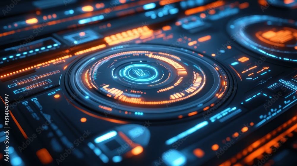 Futuristic display showing glowing orange and blue digital interfaces and controls Futuristic display showing glowing orange and blue digital interfaces and controls