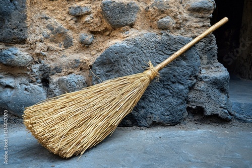 Wallpaper Mural Broom leans against a stone wall, old building, weathered, rural, outdoors Torontodigital.ca