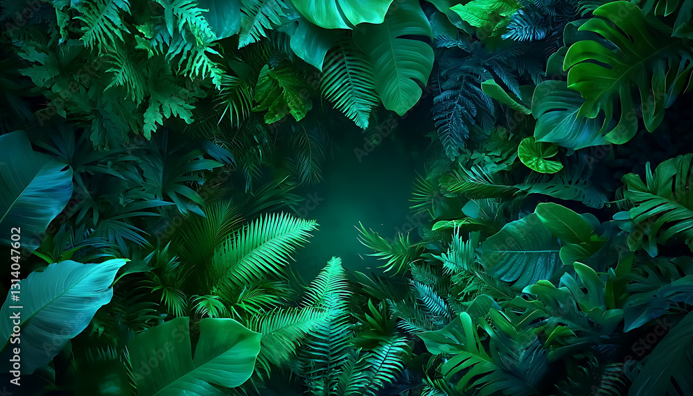 Fototapeta premium Lush green foliage exploration tropical jungle nature photography dense vegetation aerial perspective tranquil atmosphere