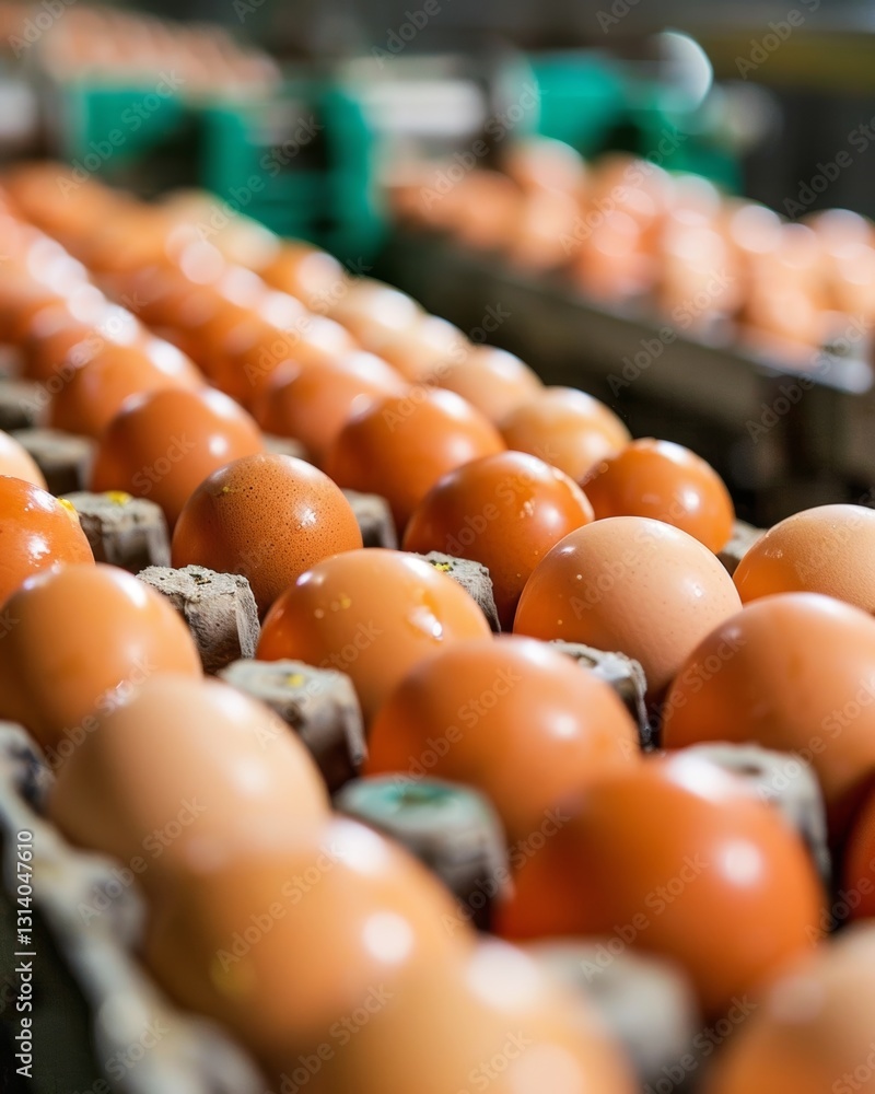 An overhead perspective showcasing multiple rows of freshly laid brown chicken eggs aligned on a conveyor belt, highlighting the efficient industrial process of egg production and distribution. An overhead perspective showcasing multiple rows of freshly laid brown chicken eggs aligned on a conveyor belt, highlighting the efficient industrial process of egg production and distribution.