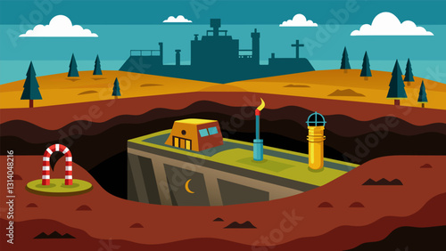 An underground bunker carved into the earth housing row after row of bustling oil tanks and pipelines.. Vector illustration