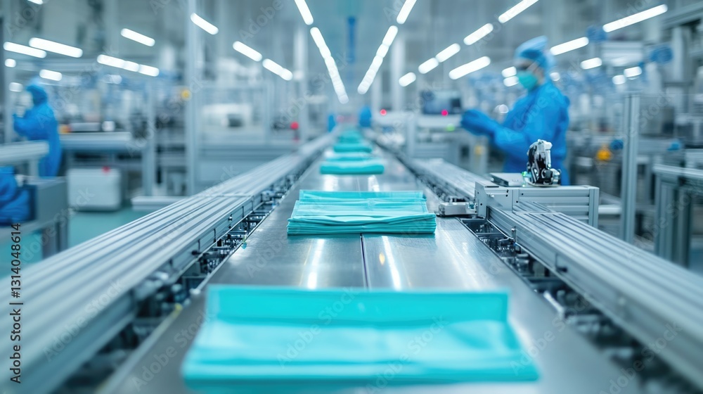 Fototapeta premium Automated Production Line: Teal Fabric Moving on Conveyor Belt in Modern Factory