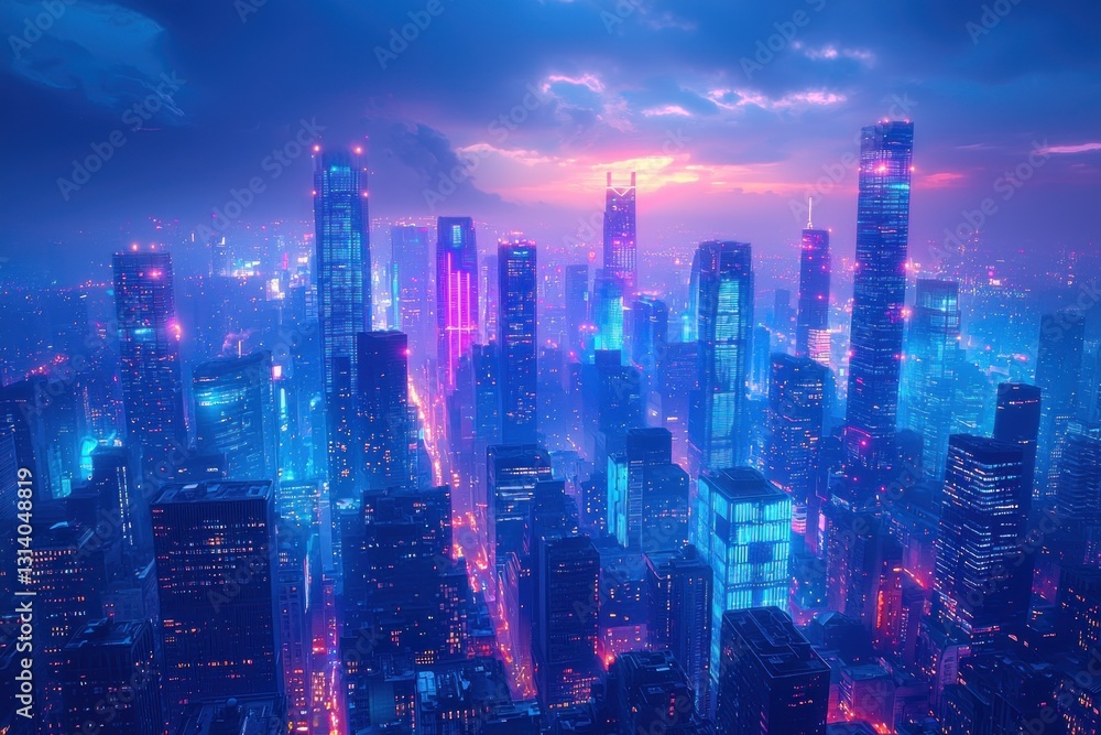 Fototapeta premium Glowing city skyline at dusk, digital art cityscape with colorful neon lights