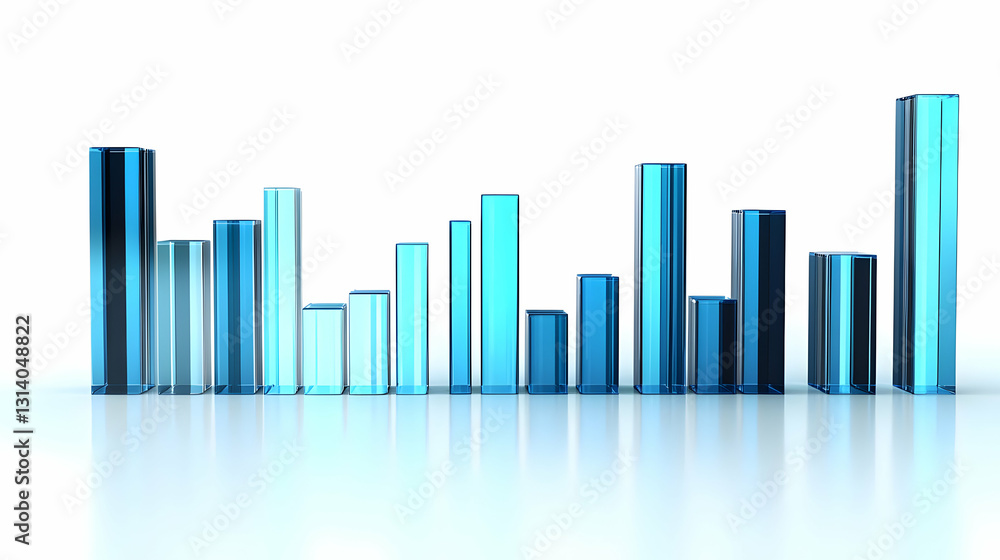 Fototapeta premium Three Dimensional Blue Glass Bar Graph Depicting Growth On A White Background With Reflections