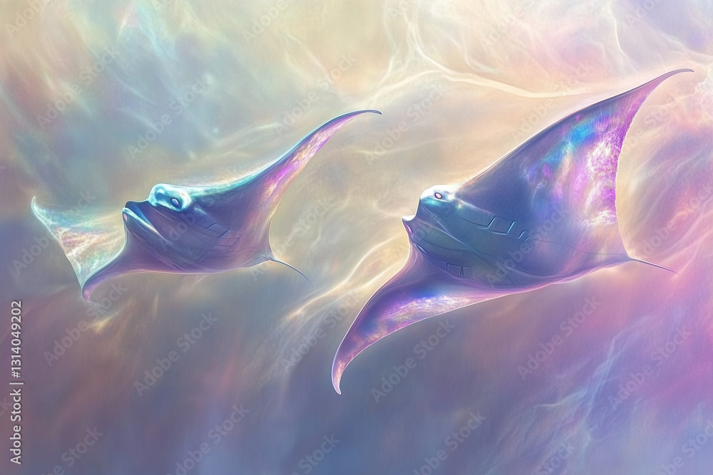 Fototapeta premium Gigantic iridescent floating manta whales gracefully glide through a colorful cosmic ocean environment