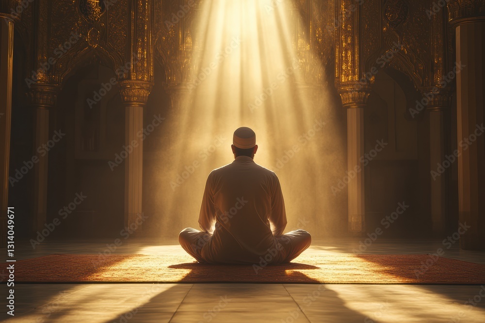A Man in Prayer Divine Light Illuminates a Mosque Peaceful Solitude Spiritual Reflection in Sacred Space A Man in Prayer Divine Light Illuminates a Mosque Peaceful Solitude Spiritual Reflection in Sacred Space