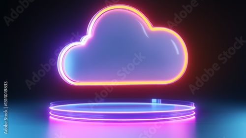 Futuristic Neon Cloud Design on a Glossy Platform with Vibrant Lighting Effects in a Dark Background