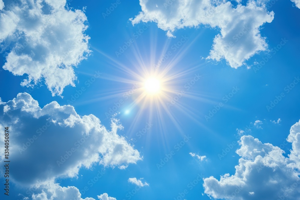 Radiant Summer Sunburst Sky: A Breathtaking View of Blue Skies and Fluffy Clouds Radiant Summer Sunburst Sky: A Breathtaking View of Blue Skies and Fluffy Clouds