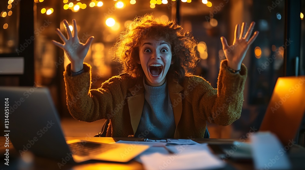 Fototapeta premium Excited woman celebrating success at night, working late on laptop.