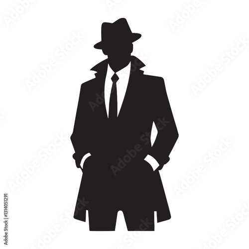 Mysterious Detective silhouette, lurking in the shadows of crime - Detective illustration - Minimalist Detective vector - Profession silhouette
