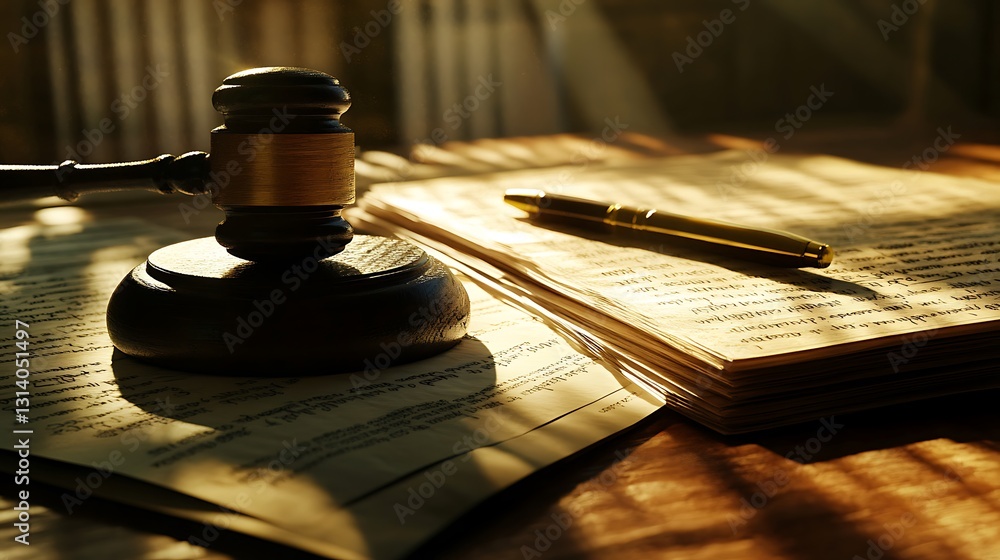Fototapeta premium Gavel, legal documents, and pen on a wooden table in sunlight.