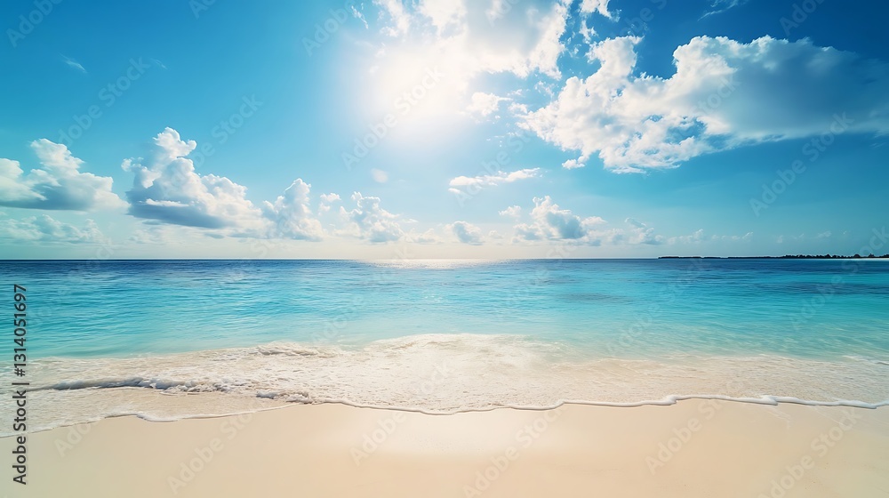 Sunny beach scene with turquoise water, white sand, and blue sky. Sunny beach scene with turquoise water, white sand, and blue sky.
