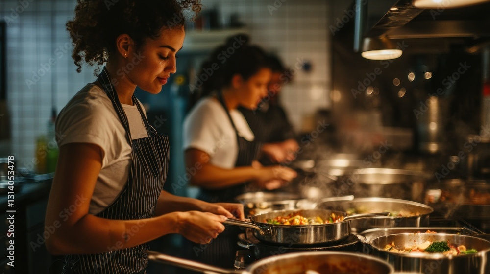 Naklejka premium A cook carefully stirring food in a busy restaurant kitchen