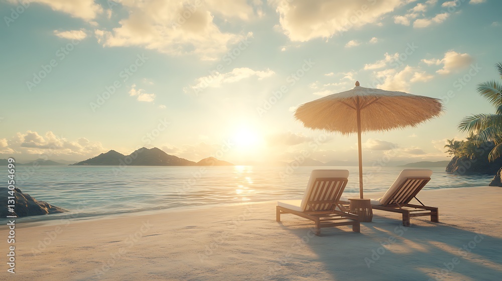 Tranquil sunset beach scene with two lounge chairs and parasol. Tranquil sunset beach scene with two lounge chairs and parasol.