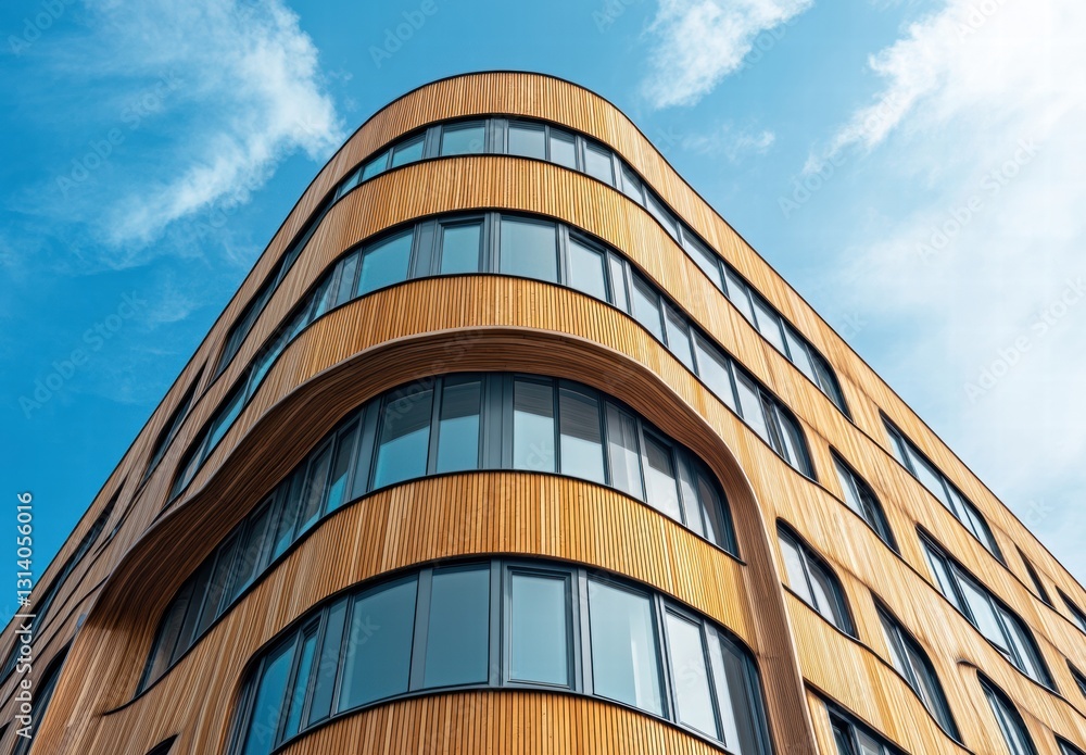 A large building with a curved design and wooden siding A large building with a curved design and wooden siding