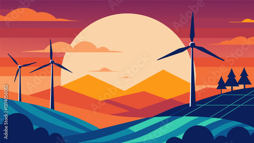 As the sun sets on the horizon the final turbine is hoisted into place signaling the completion of a successful installation and a major step towards. Vector illustration