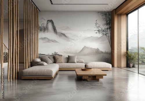 Wallpaper Mural A living room with a large wall mural of mountains and a bamboo wall Torontodigital.ca