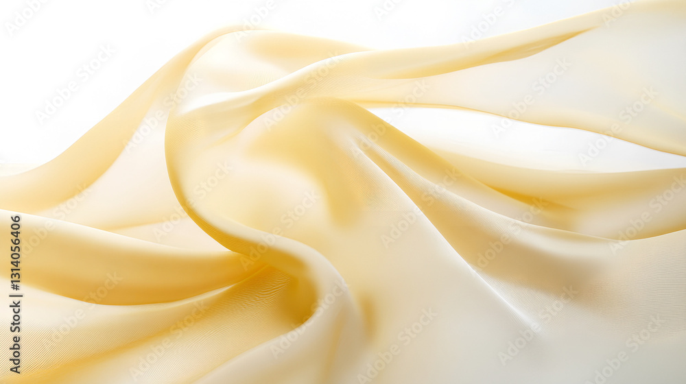 Fototapeta premium Flowing silk fabric in a soft, yellow color gracefully unfolding and rippling in the air.