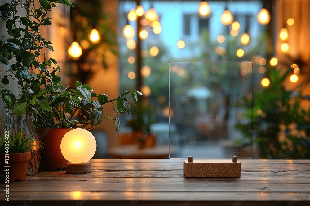 Wood table presents frame with plants, lights, & buildings in background Wood table presents frame with plants, lights, & buildings in background