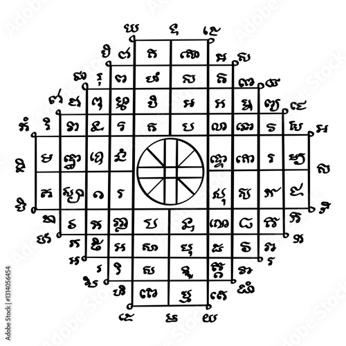 Traditional Thai tattoo. Yantra of Phra Phichai Songkhram   or "War God.". Thai text translation:  protection, strength, and invulnerability