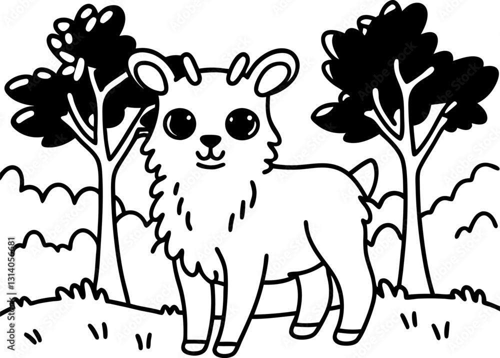 Cute goat kid standing in a forest clearing with trees, black and white illustration, nature, wildlife, children's art Cute goat kid standing in a forest clearing with trees, black and white illustration, nature, wildlife, children's art