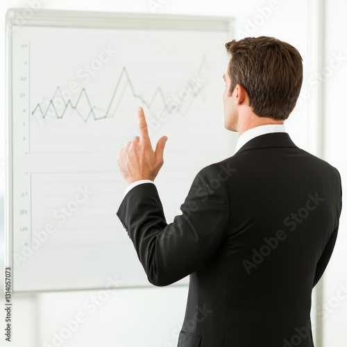 A confident man in a suit pointing at a white board while demonstrating effective business presentation skills