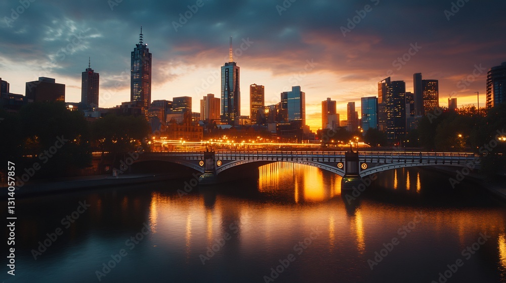 Naklejka premium Modern city bridge with LED strip lighting at twilight
