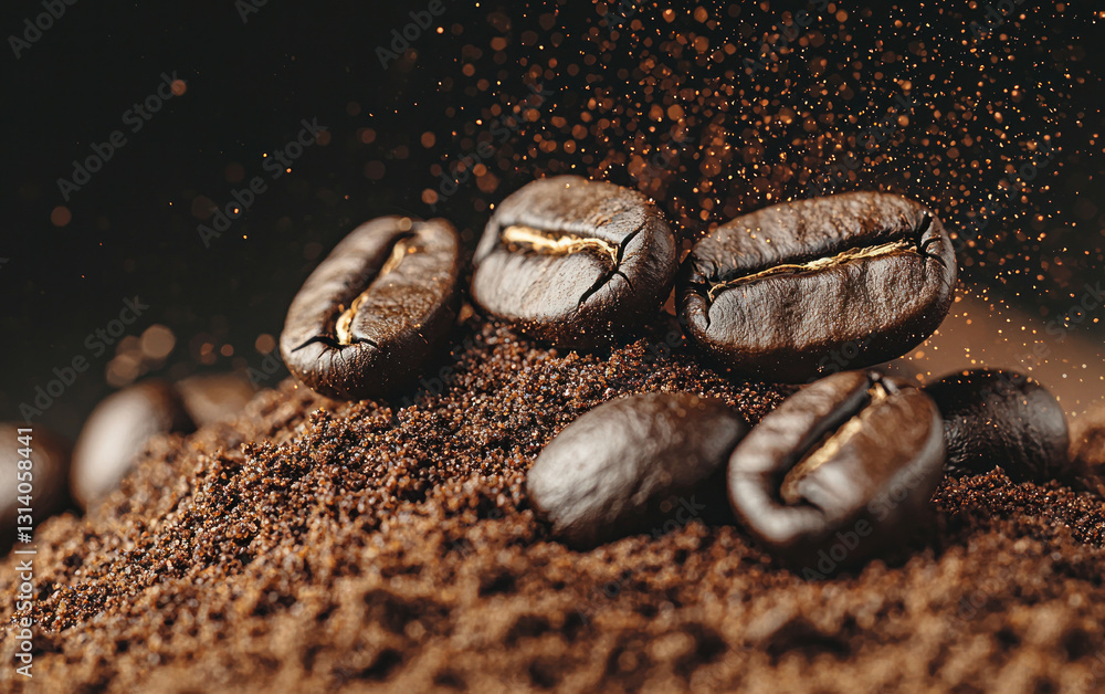 Dark Roasted Coffee Beans and Grounds with Coffee Dust Dark Roasted Coffee Beans and Grounds with Coffee Dust