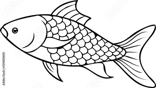 Elegant Fish Line Art with Intricate Scales – High-Quality PNG on Transparent Background