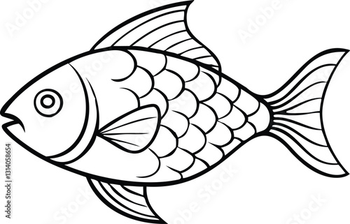 Elegant Fish Line Art with Intricate Scales – High-Quality PNG on Transparent Background