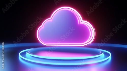 Neon Cloud Icon with Bright Colorful Glow on Dark Background for Digital and Technology Themes