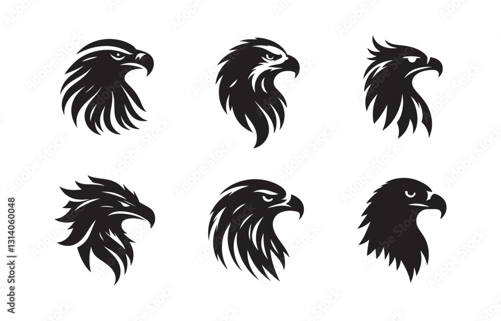 Obraz premium Eagle bird black soild silhouette bundle isolated on white background, clip art logo icon set