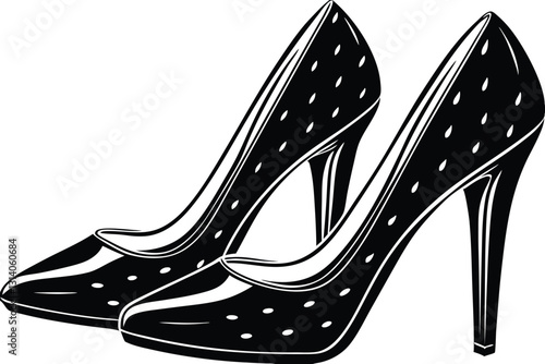 Set of outline black and white silhouette of women shoes with heels stilettos model accessory