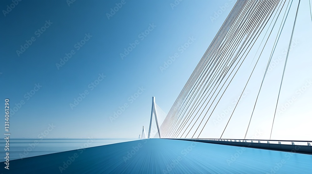Naklejka premium Modern cable-stayed bridge over calm ocean, clear sky.