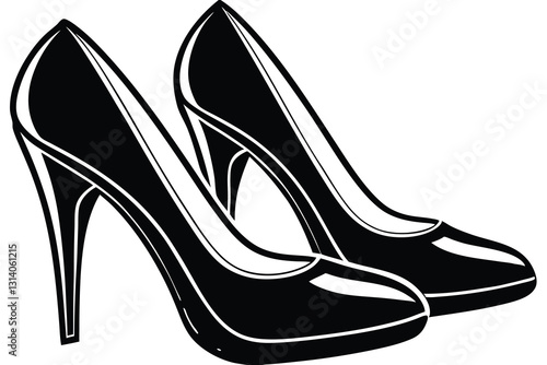 Set of outline black and white silhouette of women shoes with heels stilettos model accessory
