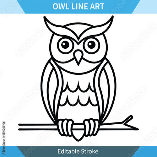 A cute owl line art illustration, perched on a branch. Simple design, perfect for coloring pages, prints, or digital projects. Editable stroke allows for customization.