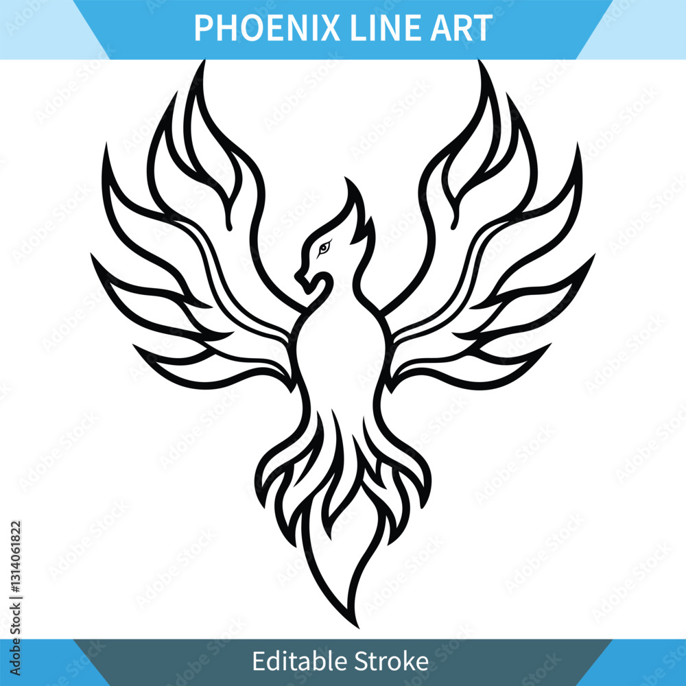 Obraz premium Stylized phoenix line art illustration. Black and white vector graphic with editable stroke.