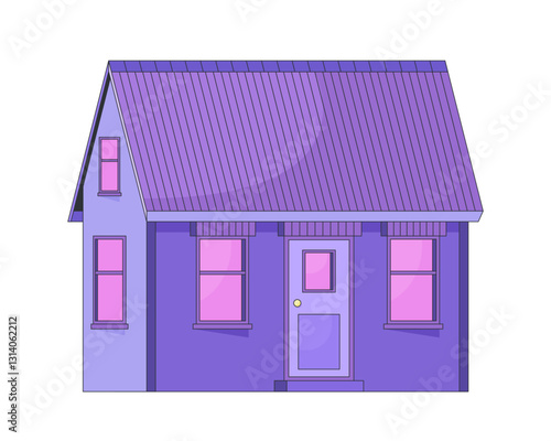 Cozy purple cottage with pitched roof 2D cartoon object. Dream home, real estate, architectural design. Suburban country house isolated element flat vector clip art on white. Spot illustration