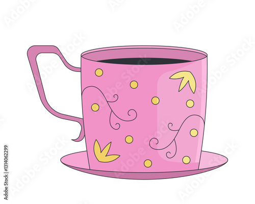 Elegant vintage pink teacup with floral patterns 2D cartoon object. Tea cup with intricate decorations placed on saucer isolated element flat vector clip art on white. Spot illustration