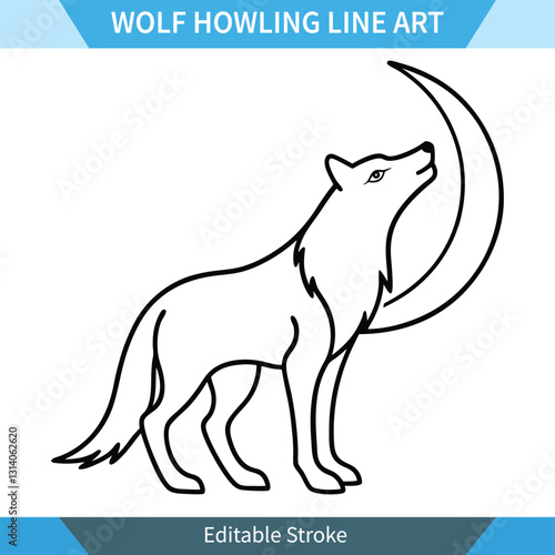 Howling Wolf Line Art Lunar Night, Editable Vector Graphic