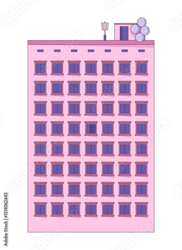 Mid-rise residential building property 2D cartoon object. Rooftop antennas and satellite dishes. Realestate multistory housing isolated element flat vector clip art on white. Spot illustration