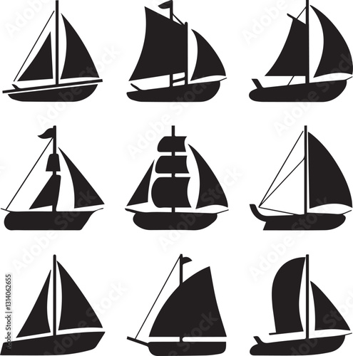 Collection of Black and White Sailing Vessel Silhouettes