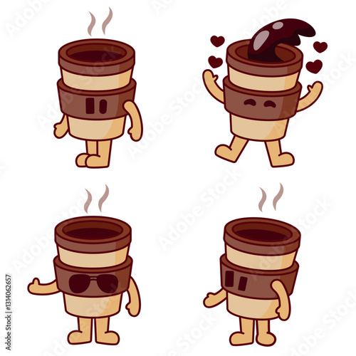 Cartoon coffee mascot in various poses. Coffee colored cup mascot set