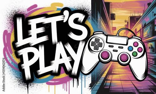 Vibrant graffiti artwork featuring a gaming controller and the phrase 'Let's Play' in bold colors