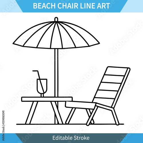 
Line art illustration of a beach chair, umbrella, small table, and drink. Simple, minimalist design, ideal for summer themes or vacation imagery.