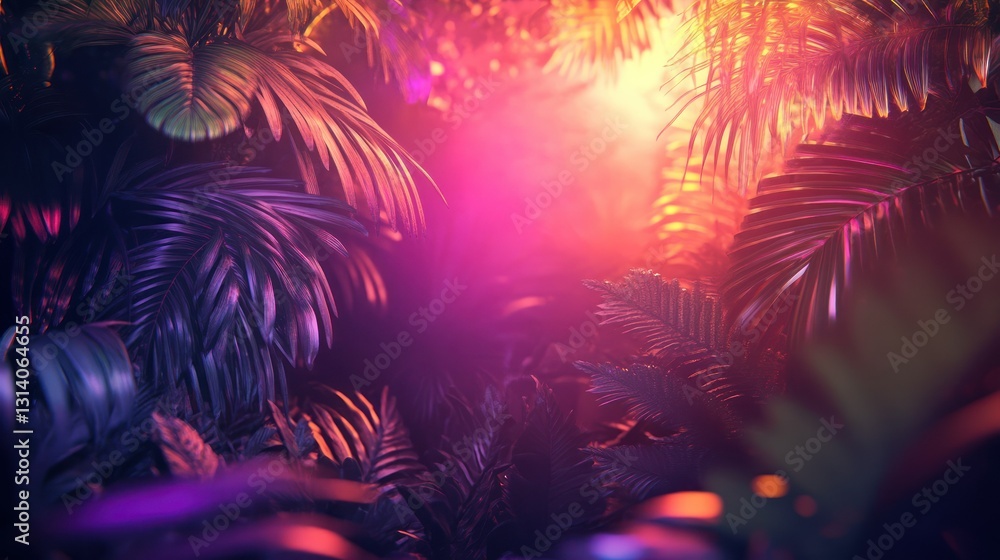 Lush tropical foliage illuminated by vibrant and colorful lighting Lush tropical foliage illuminated by vibrant and colorful lighting