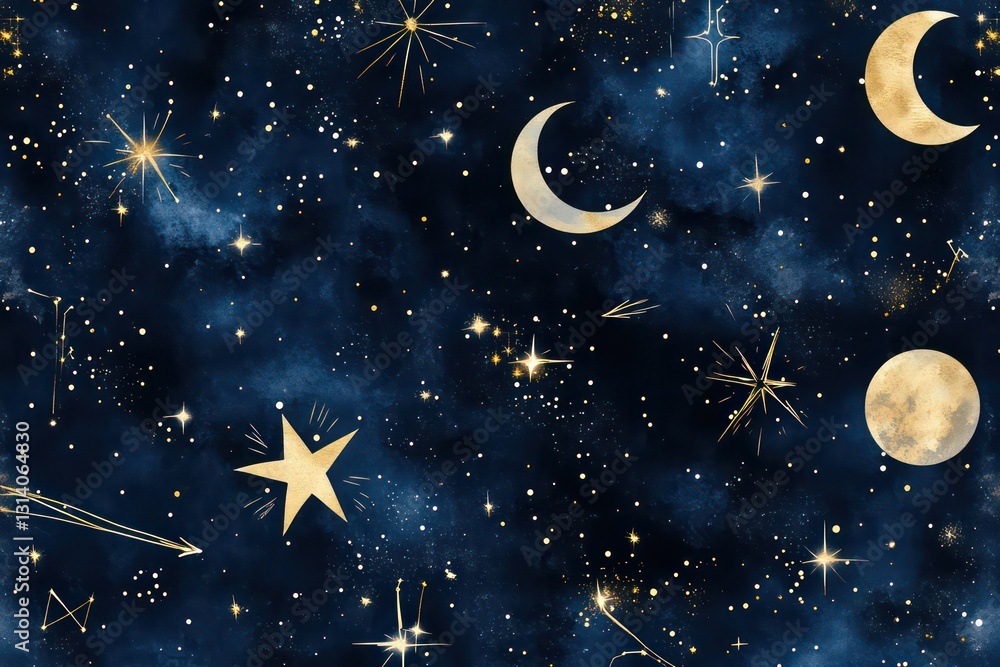 A cosmic-inspired seamless pattern of stars, moons, and shooting comets, rendered in a blend of deep cosmic blues and warm gold hues. A cosmic-inspired seamless pattern of stars, moons, and shooting comets, rendered in a blend of deep cosmic blues and warm gold hues.