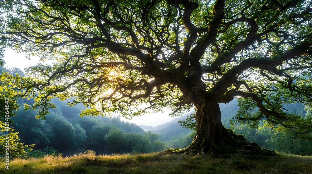 Obraz premium Majestic Green Tree At Sunrise Overlooking A Lush Green Valley Landscape